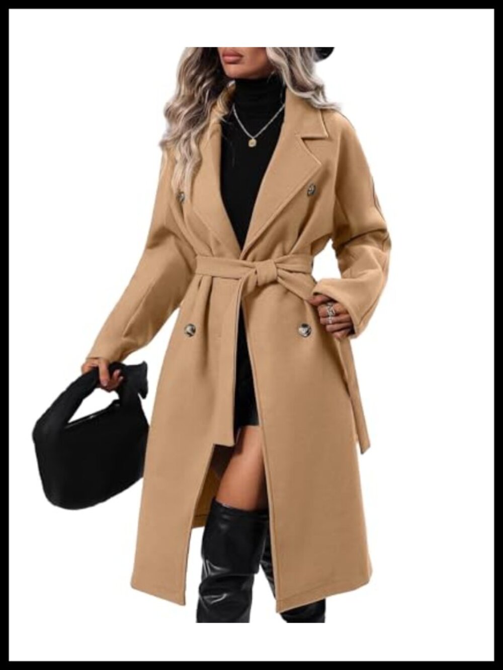 Women's Wool Blend Double Breasted Trench Coat Belted Long Pea Coat